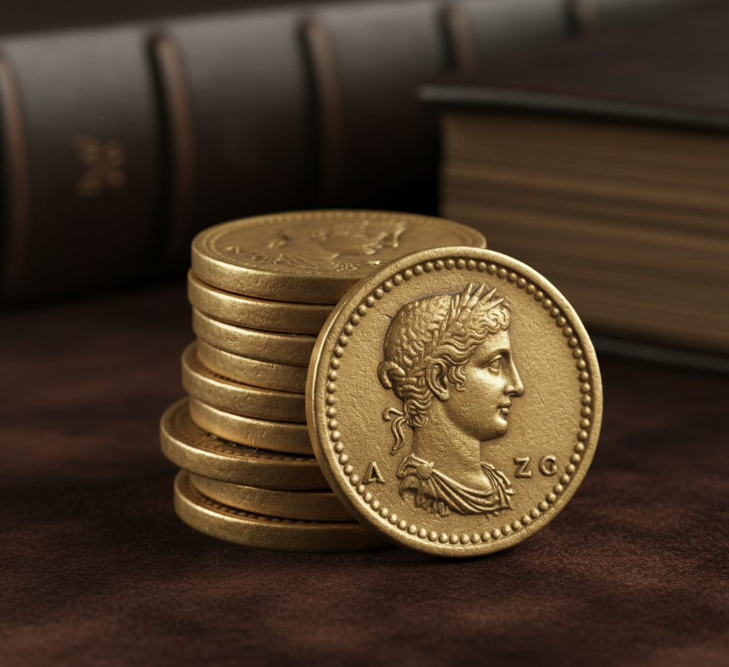 Stack of ancient-style gold coins displayed during appraisal at Coin Buyers in Baltimore.